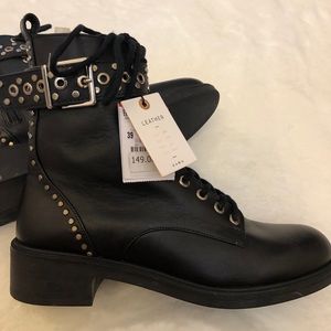NWT ZARA STUDDED LEATHER ANKLE BOOTS